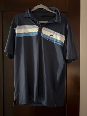 TravisMathew Men's Navy Polo with White and Light Blue Stripes